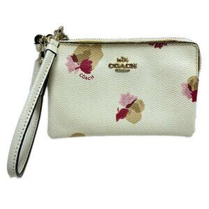 COACH Floral Print Corner Zip Wristlet 65307 White Pink Multi PVC Leather -